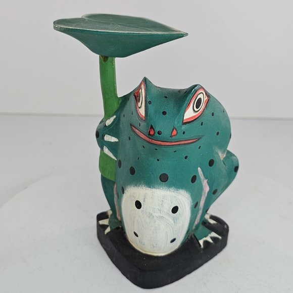 Vintage Wood Carved Frog Leaf Umbrella Folk Art Hand Painted - Picture 3 of 10